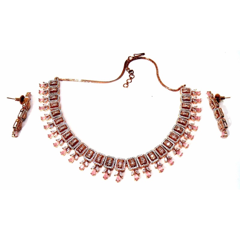 Jewelshingar Jewellery Fine American Diamond Gold Plated Pink Colour Necklace For Women ( 60796NAD )