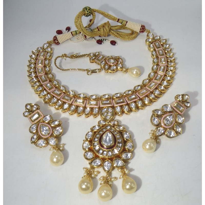 Jewelshingar Jewellery Fine Antique Polki Kundan Gold Plated Pink Colour Necklace For Women ( 60567ACS )