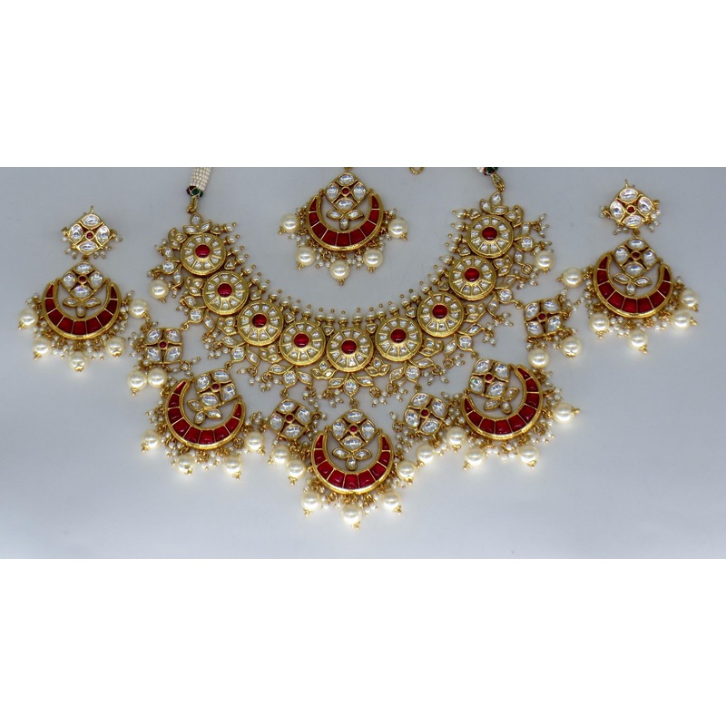 Jewelshingar Jewellery Fine Antique Polki Kundan Gold Plated Ruby Colour Necklace For Women ( 62443ACS )