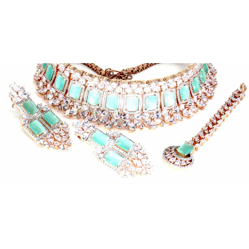 Jewelshingar Jewellery Fine Antique Polki Kundan RoseGold Plated Green Colour Necklace For Women ( 62857NAD )
