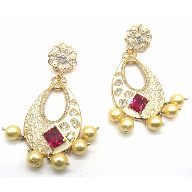 Jewelshingar Jewellery Gold Plating Red Colour Dangle & Drop Earrings For Women ( 49176-dce )