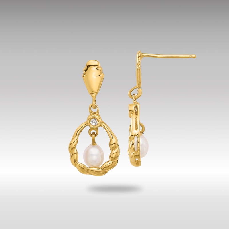 Gold 3-4mm Teardrop White FWC Pearl and .02ct Dia Post Dangle Earrings – Model XF843E