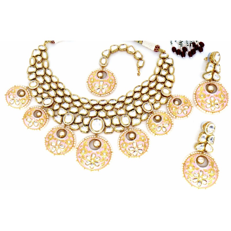 Jewelshingar Jewellery Fine Antique Polki Kundan Gold Plated Pink Colour Necklace For Women ( 60269ACS )