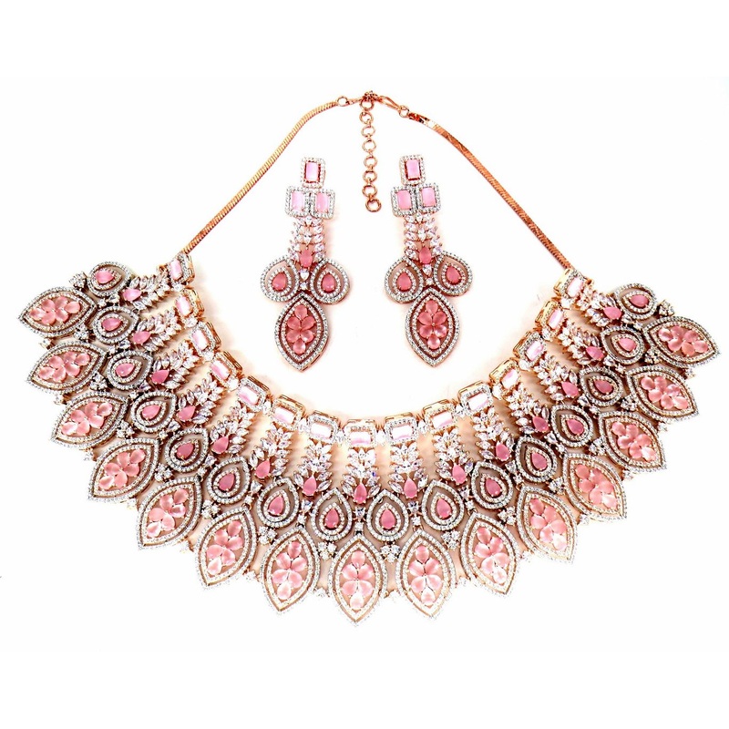 Jewelshingar Jewellery Fine Antique Polki Kundan RoseGold Plated Pink Colour Necklace For Women ( 60331NAD )