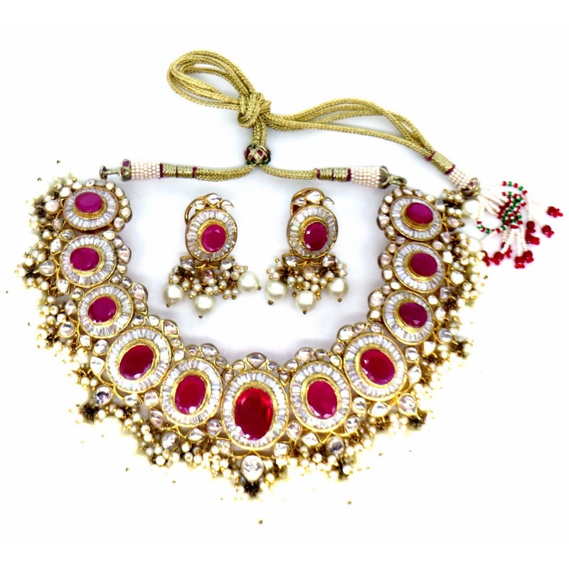 Jewelshingar Jewellery Gold Plated Diamond Colour Pink Polki Kundan Necklace For Women ( 60164ACS )