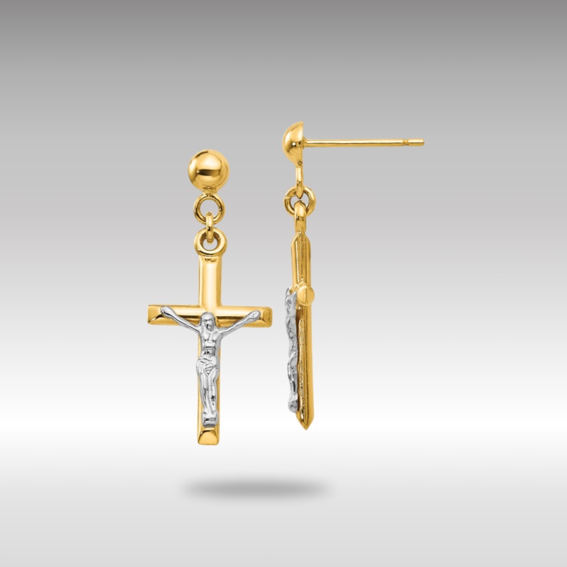 Yellow and White Gold Hollow Dangling Crucifix Earrings Model-TE608