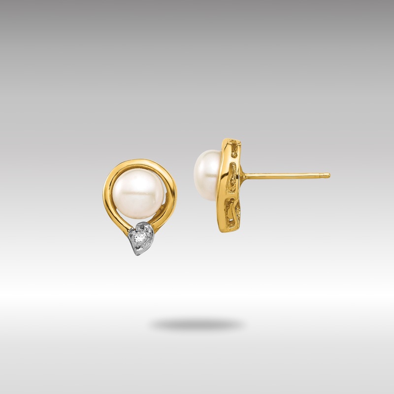 Gold 5-6mm White Button FW Cultured Pearl .02ct Diamond Post Earrings – Model XE3234AA