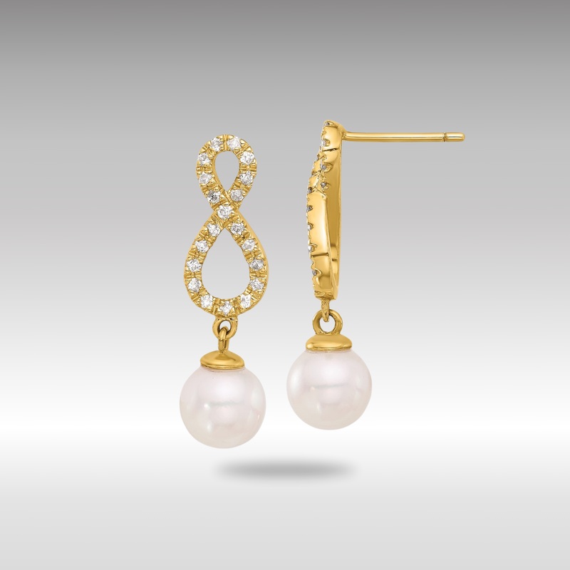 Gold 7-8mm Rnd Wht Akoya Pearl and .40ct Diamond Infinity Post Dangle Earrings – Model XF840E