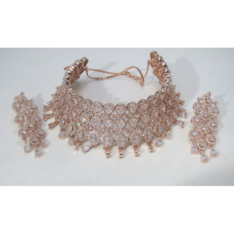 Jewelshingar Jewellery Fine American Diamond Gold Plated Clear Colour Necklace For Women ( 60734NAD )