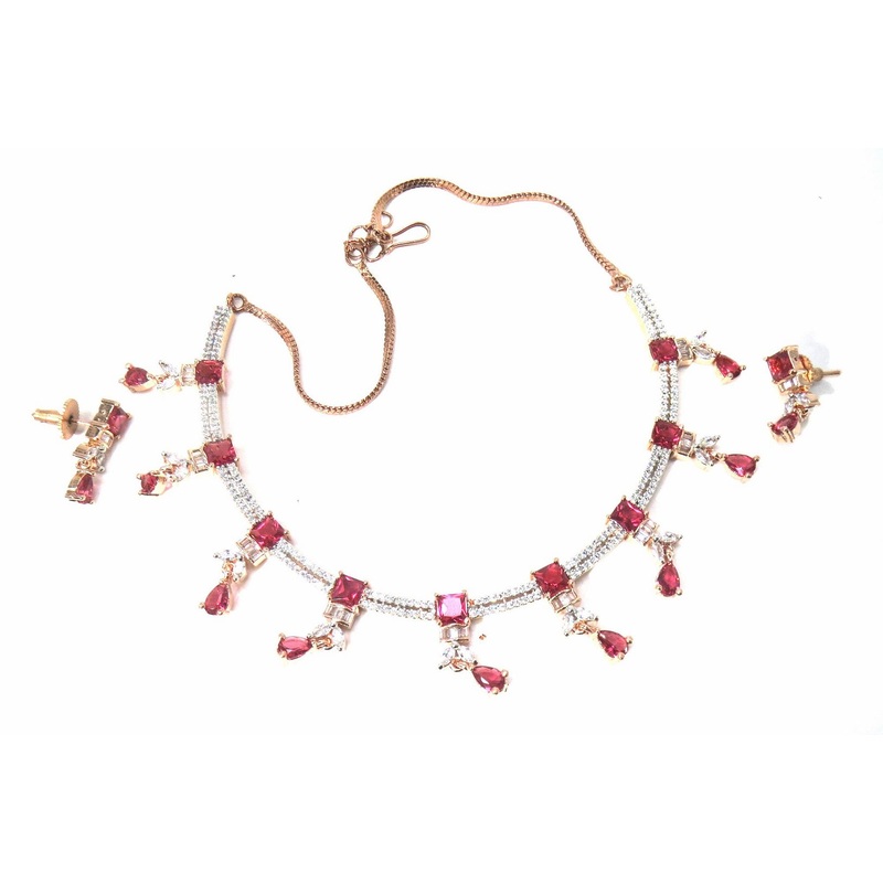 Jewelshingar Jewellery Fine American Diamond Gold Plated Red Colour Necklace For Women ( 60816NAD )