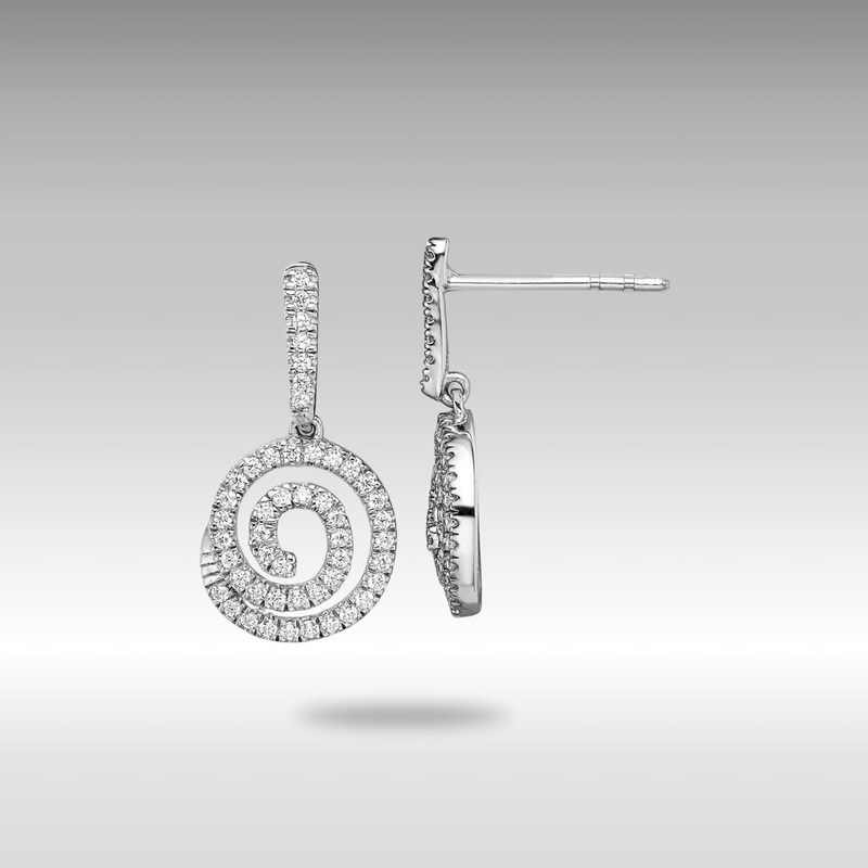White Gold Circle Swirl Diamond Dangle Post Earrings – Model EM8512-030-WA