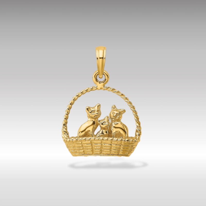 Gold 3D Cats Inside Of Basket Pendant