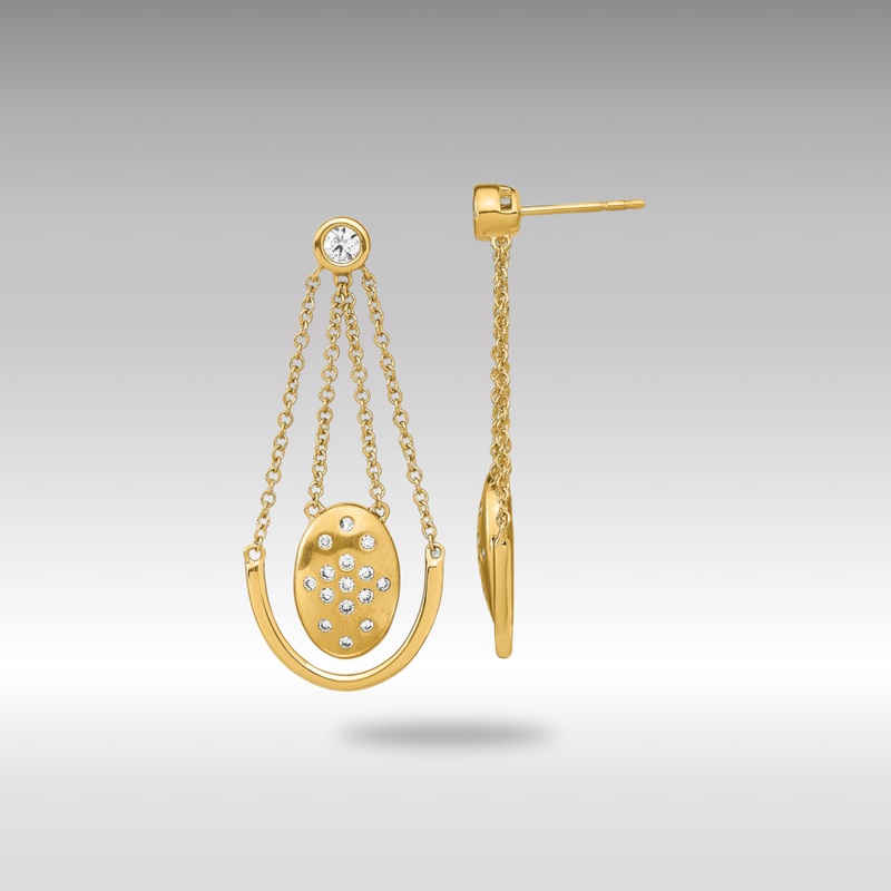 Gold Satin/Polished Diamond Oval with Chain Dangle Post Earrings – Model EM6867-037-YA