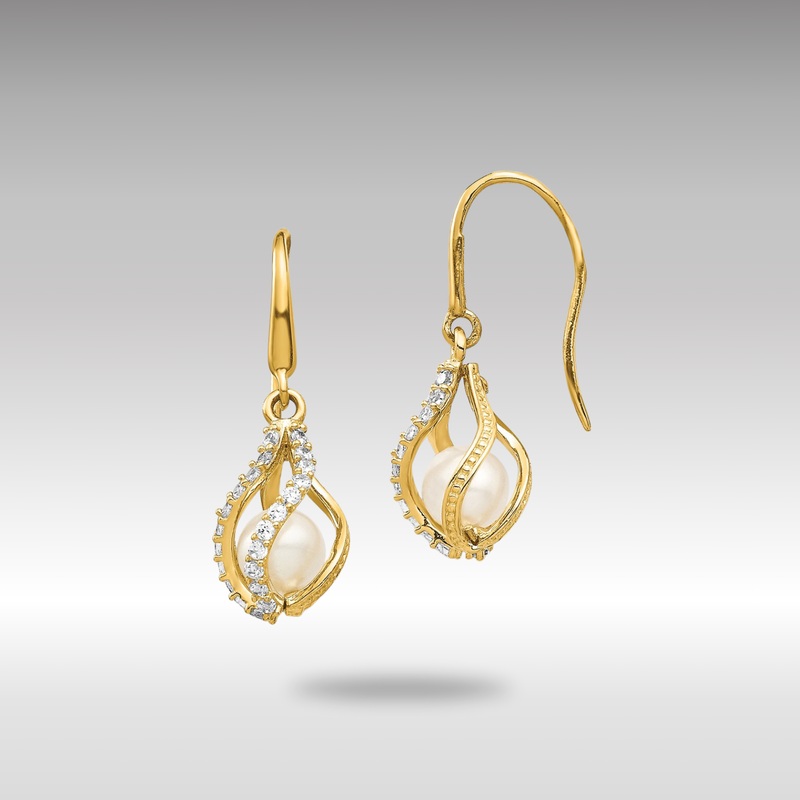 Gold White Freshwater Cultured Pearl CZ Cage Dangle Earrings – Model SE2864