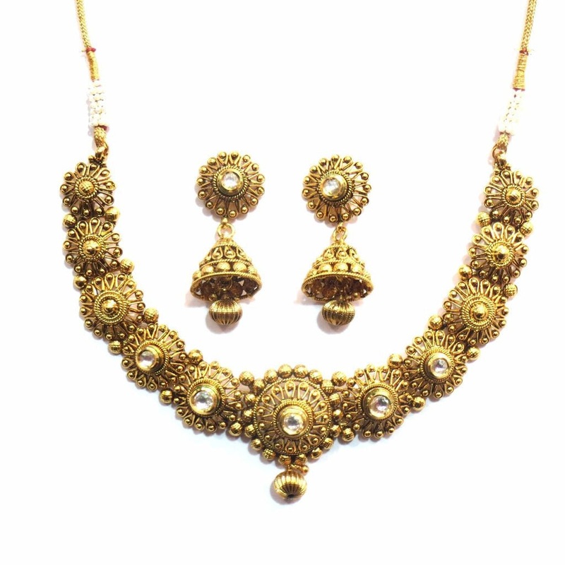 Jewelshingar Antique Polki Kundan Gold Plated Necklace Set For Women ( 11411-as )