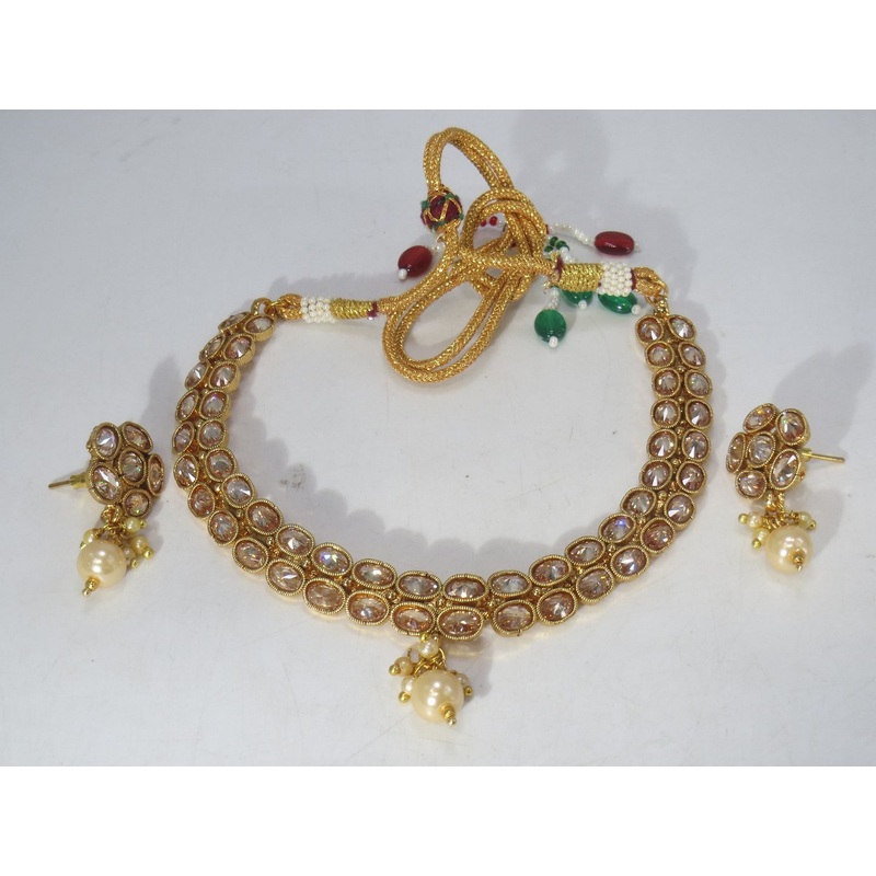 Jewelshingar Jewellery Fine Antique Polki Kundan Gold Plated Brown Colour Necklace For Women ( 60689AST )