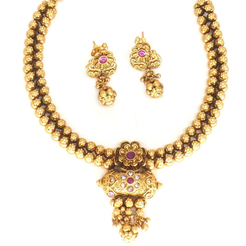 Jewelshingar Jewellery Fine Antique Polki Kundan Gold Plated Ruby Colour Necklace For Women ( 62762AST )