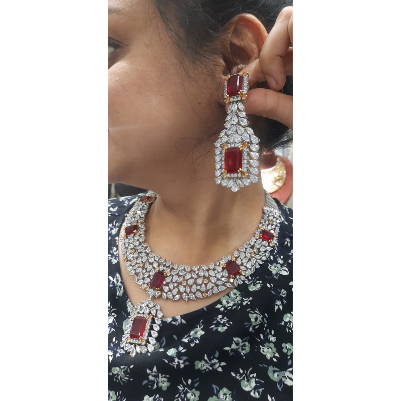 Jewelshingar Signity Diamond Ruby Colour Necklace Set In Fine Quality Jewellery ( 193428NAD)