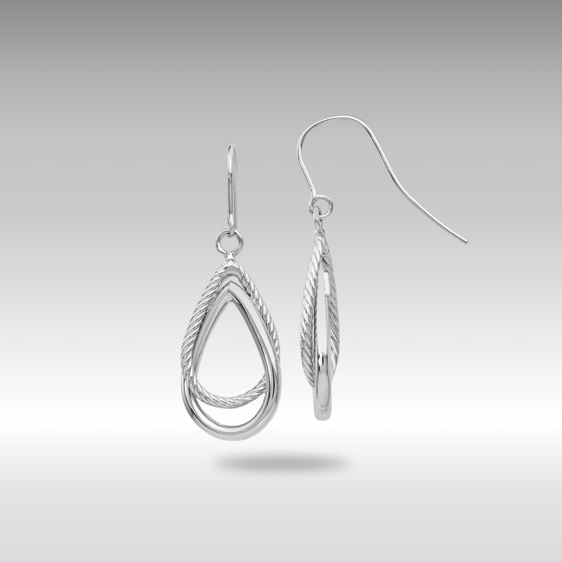 White Gold Polished and Textured Teardrop Shepherd Hook Earrings – Model TF547