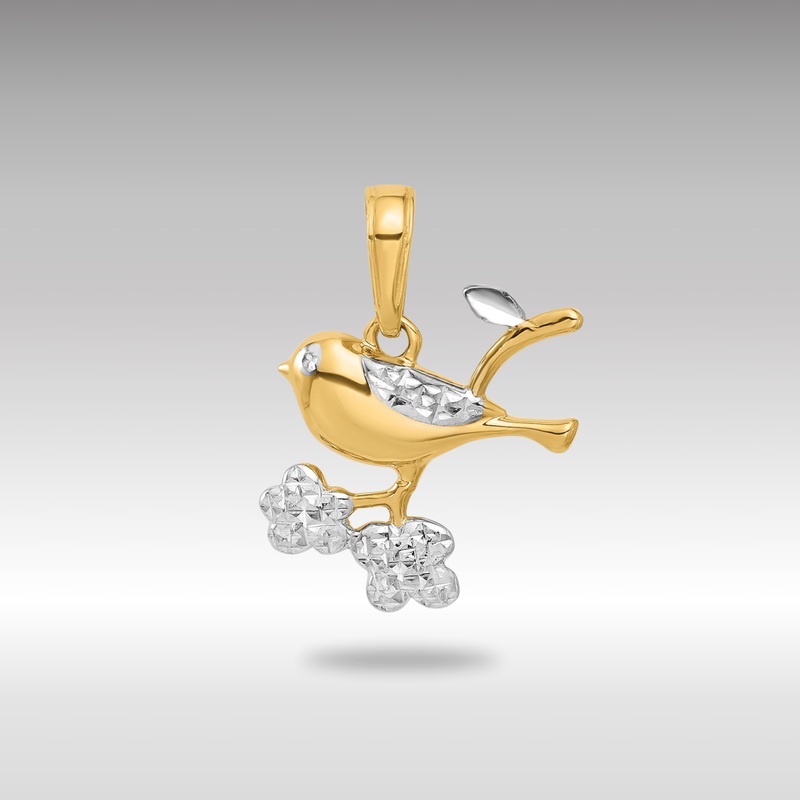 Yellow and White Gold Diamond Cut Bird on Branch Pendant – Model C4899