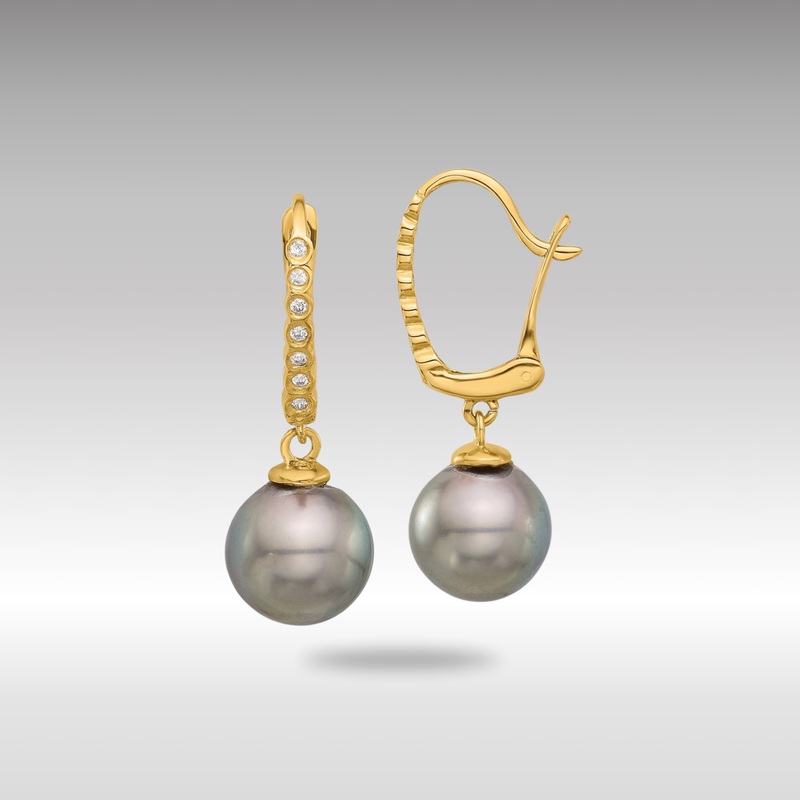 Gold 8-9mm Round Black Tahitian Pearl and .07ct Diamond Dangle Earrings – Model XF814E