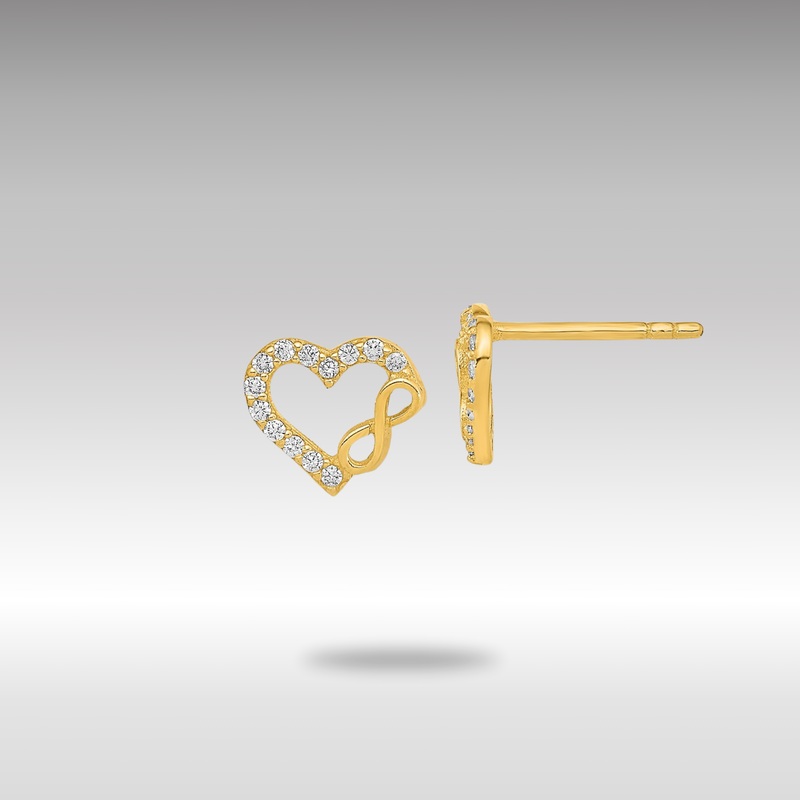 Gold Polished Cut Out Heart and Infinity Sign CZ Post Earrings – Model YE2033