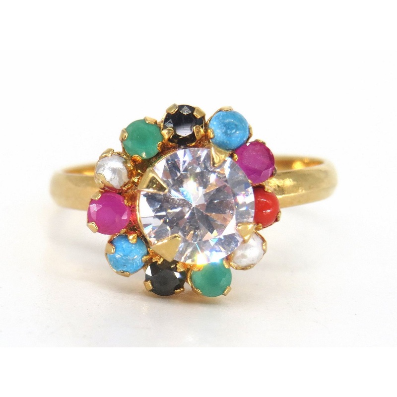 Jewelshingar Jewellery American Diamond  Multi Colour Size 16 Gold Plated Ring For Girls ( 59985RIN )