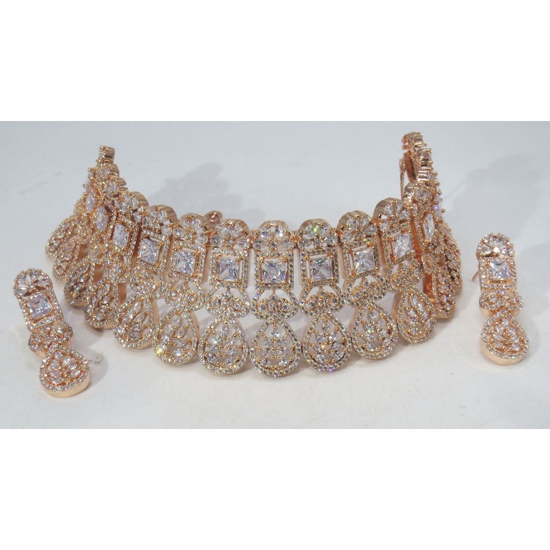 Jewelshingar Jewellery Fine American Diamond Gold Plated Clear Colour Necklace For Women ( 60724NAD )