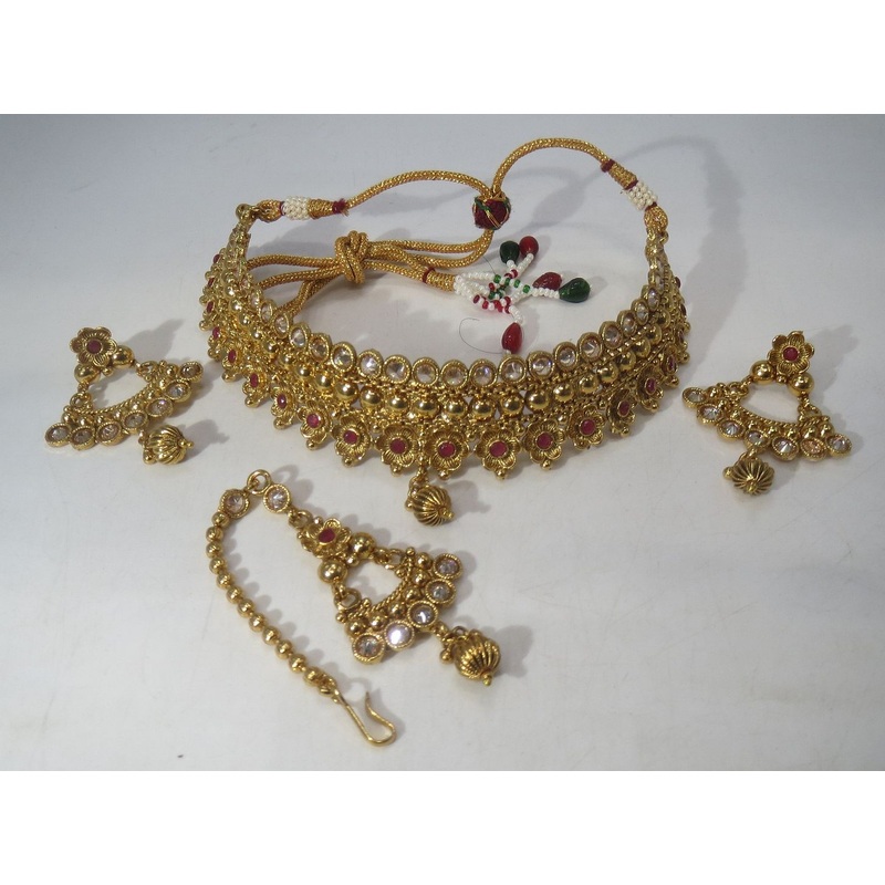 Jewelshingar Jewellery Fine Antique Polki Kundan Antique Plated Red Colour Necklace For Women ( 60609AST )