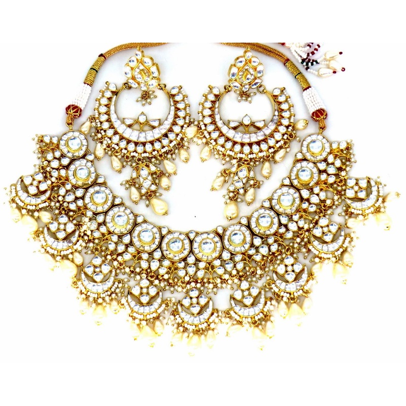 Jewelshingar Jewellery Fine Antique Polki Kundan Gold Plated Clear Colour Necklace For Women ( 61366ACS )