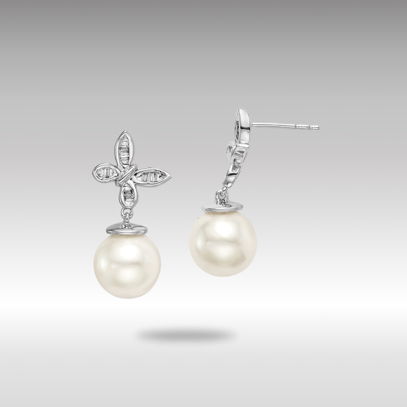 White Gold Fresh Water Pearl and Diamond Butterfly Post Earrings – Model EM8477-PL-016-WA
