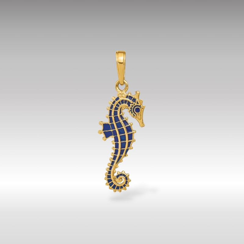 Gold 3D Blue Enameled Seahorse Pendant