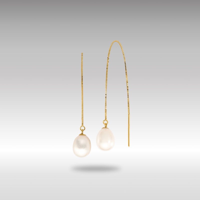Gold 7-8mm White Teardrop FW Cultured Pearl Box Chain Threader Earrings Model-XF713E