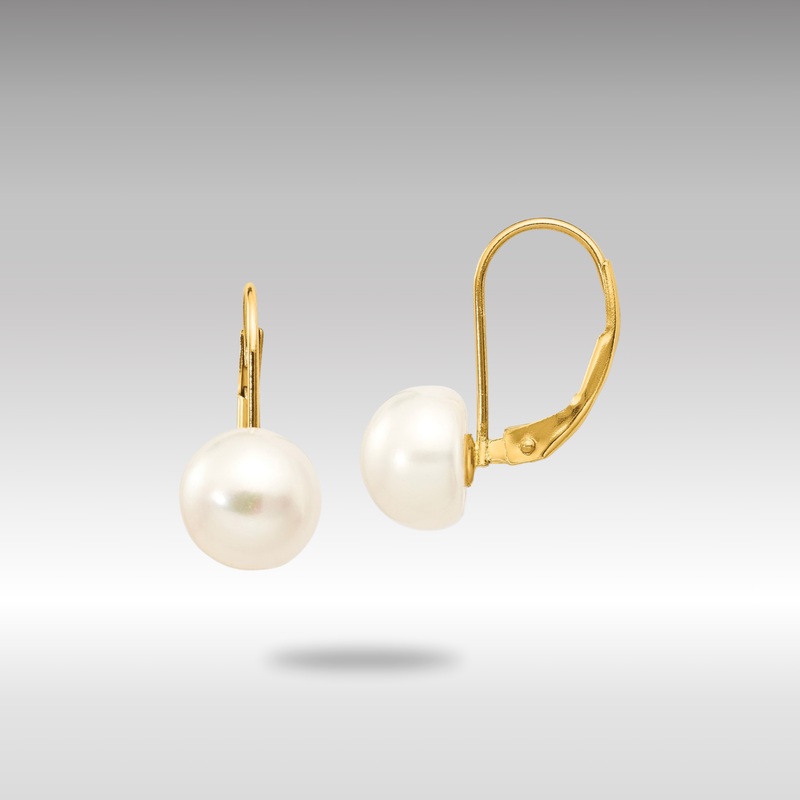 Gold 8-9mm White Button Freshwater Cultured Pearl Leverback Earrings – Model XF247E