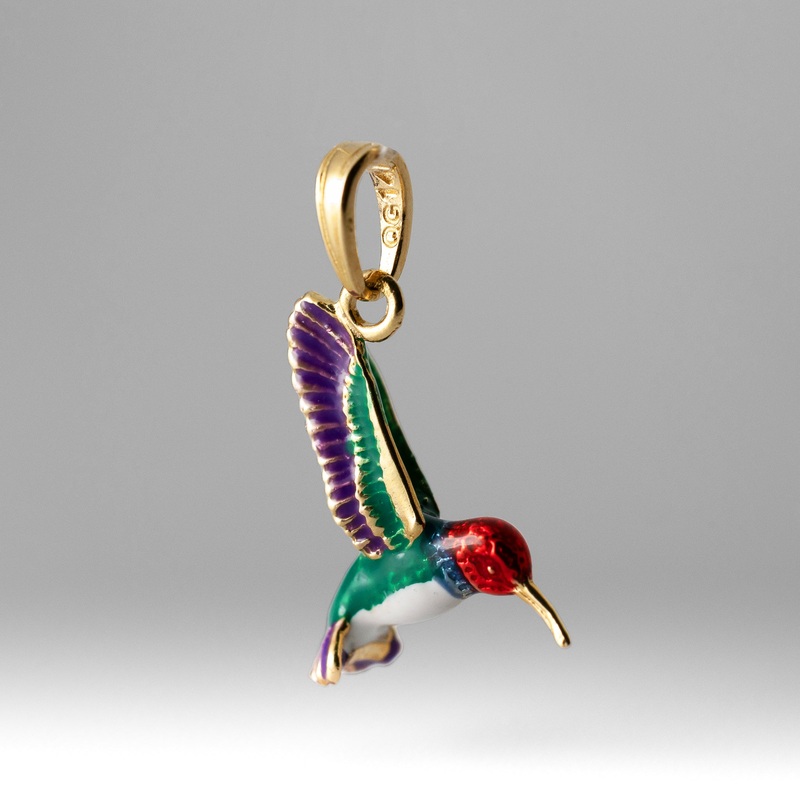 Gold Enameled 3D Flying Hummingbird Pendant