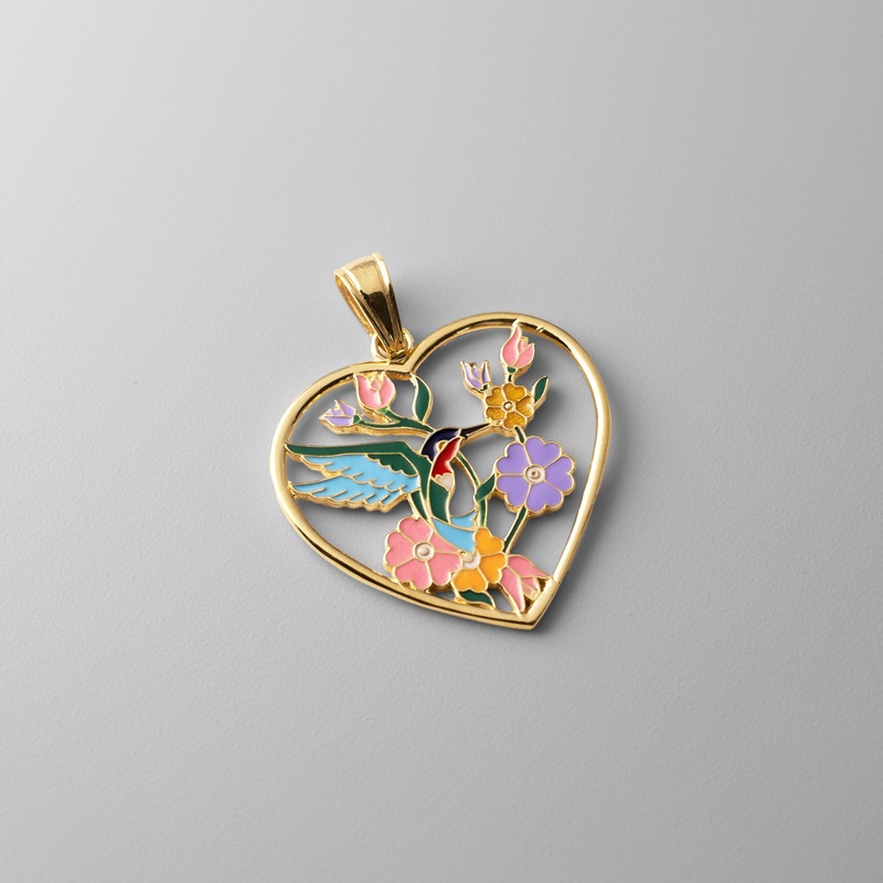 Gold Enameled Hummingbird and Flowers Heart Charm