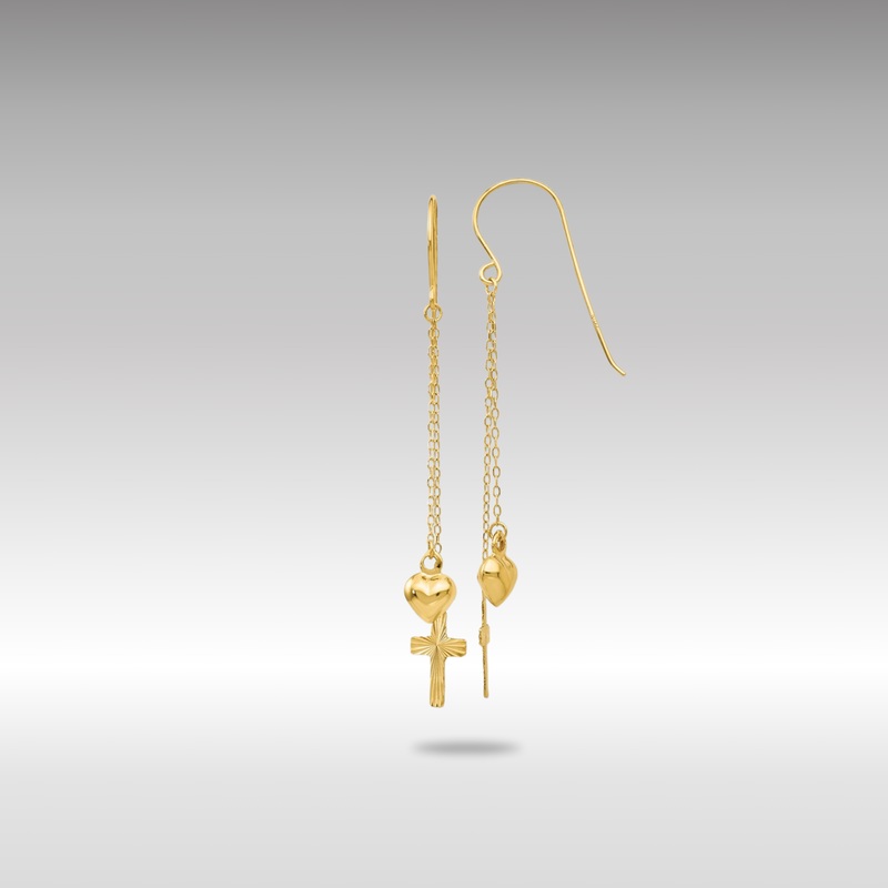 Gold Ropa Chain Puffed Heart and Diamond Cut Cross Dangle Earrings – Model H1088