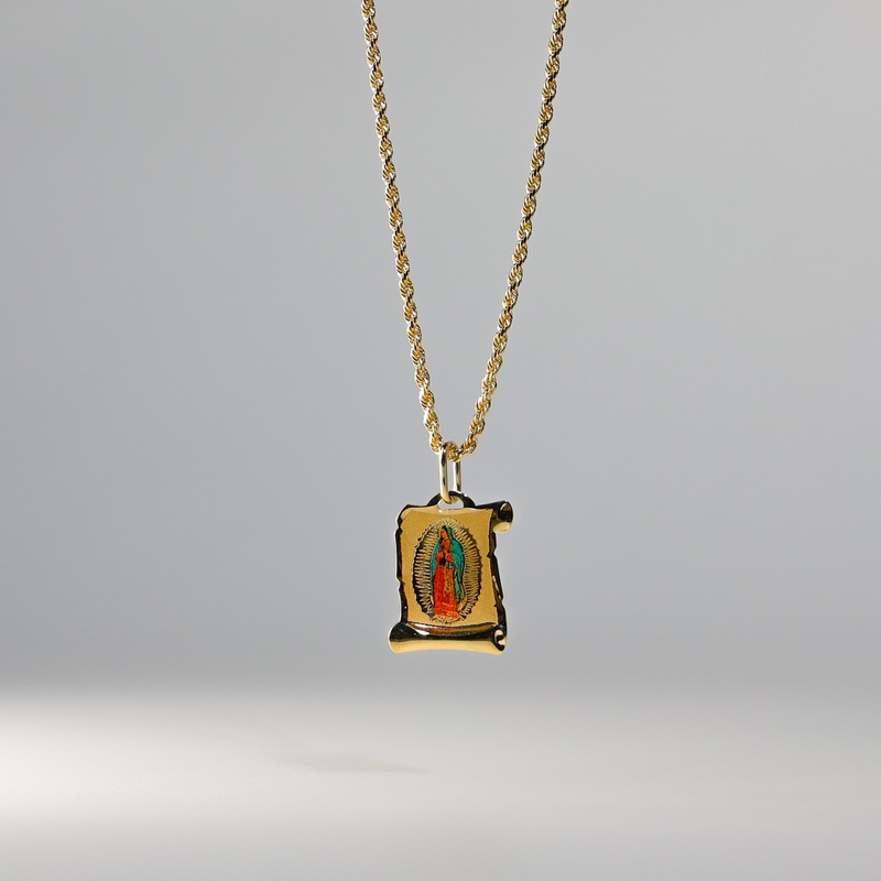 Gold Virgin Mary Enamel Scroll Frame Pendant – Model 0152