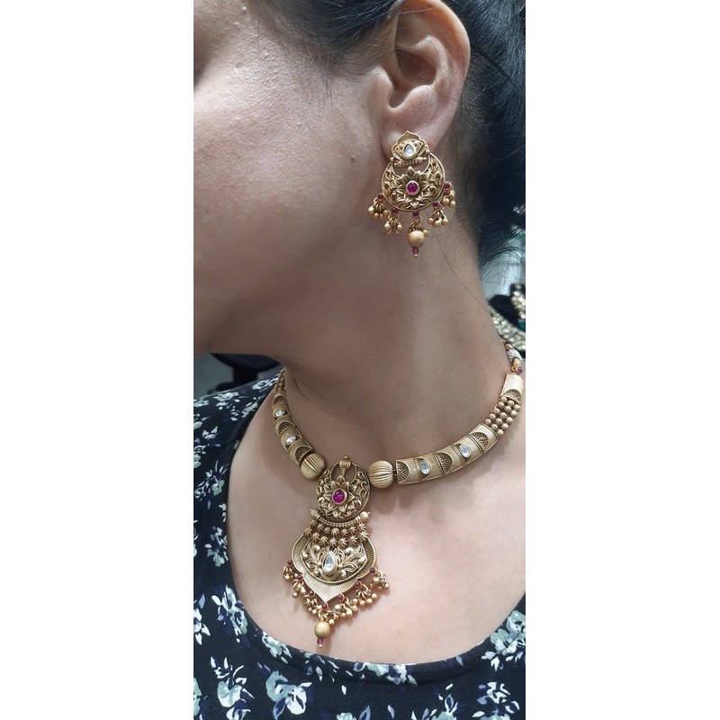 Jewelshingar Antique Polki Kundan Necklace Set In Fine Quality Jewellery ( 184647AST)