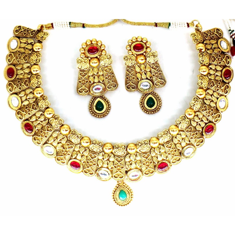 Jewelshingar Jewellery Fine Antique Polki Kundan Gold Plated Multi Colour Necklace For Women ( 62779AST )
