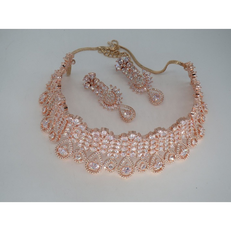 Jewelshingar Jewellery Fine Antique Polki Kundan RoseGold Plated Clear Colour Necklace For Women ( 60474NAD )