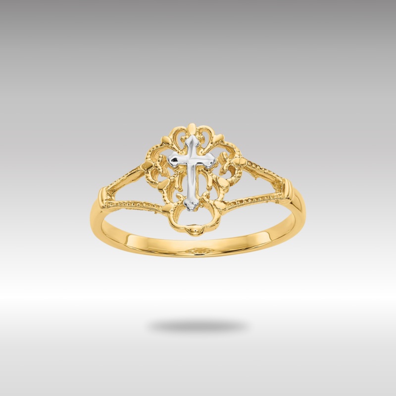 Yellow and White Gold Diamond Cut Cross Ring Model-K3939