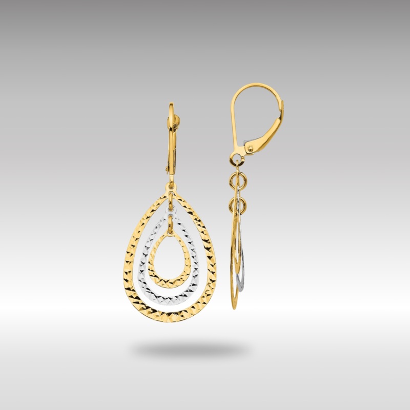 Yellow and White Gold Tear Drop Diamond Cut Leverback Earrings Model-TH882