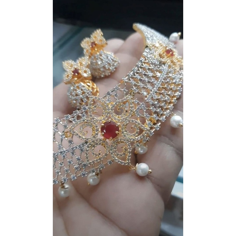 Zircon Necklace In Ruby Colour And Two Tone Plating By  NKWA0138