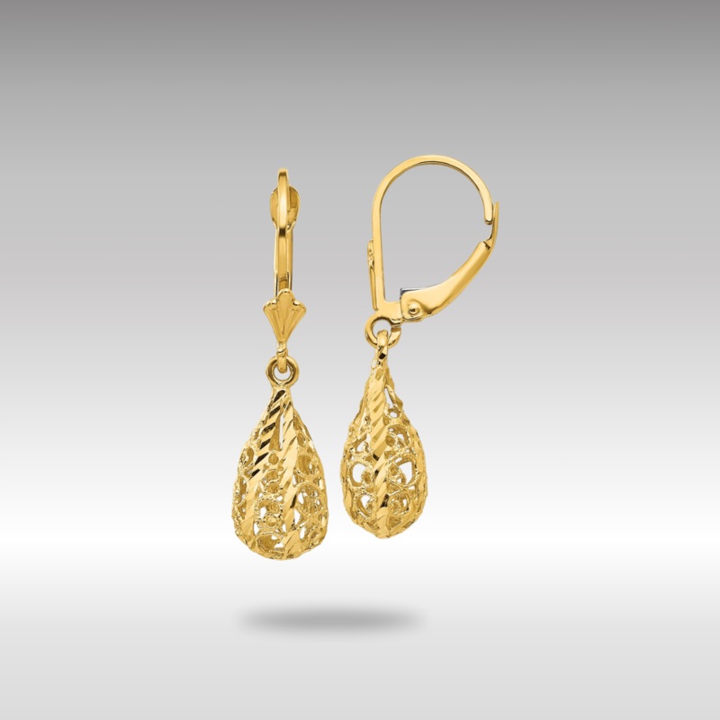 Gold Polished Diamond-Cut Filigree Dangle Tear Drop Leverback Earrings Model-K116
