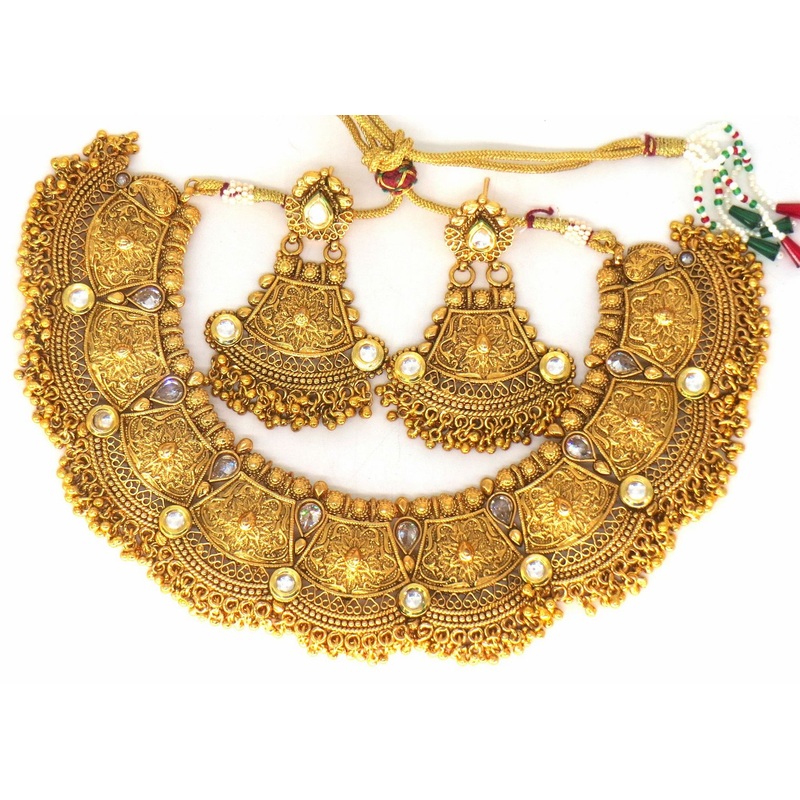 Jewelshingar Jewellery Fine Antique Polki Kundan Gold Plated Clear Colour Necklace For Women ( 61265AST )