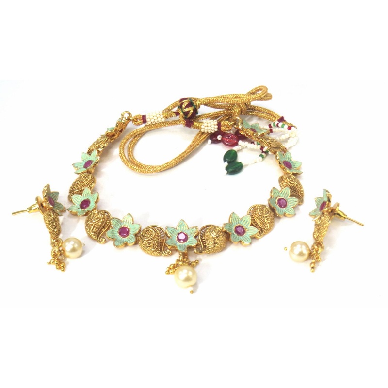 Jewelshingar Jewellery Fine Antique Polki Kundan Gold Plated Multi Colour Colour Necklace For Women ( 60643AST )