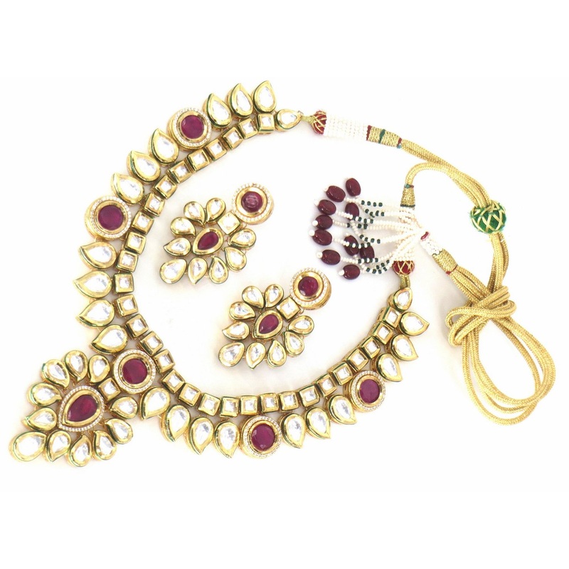 Jewelshingar Jewellery Gold Plated Diamond Colour Pink Polki Kundan Pendant Set For Women ( 60128ACS )