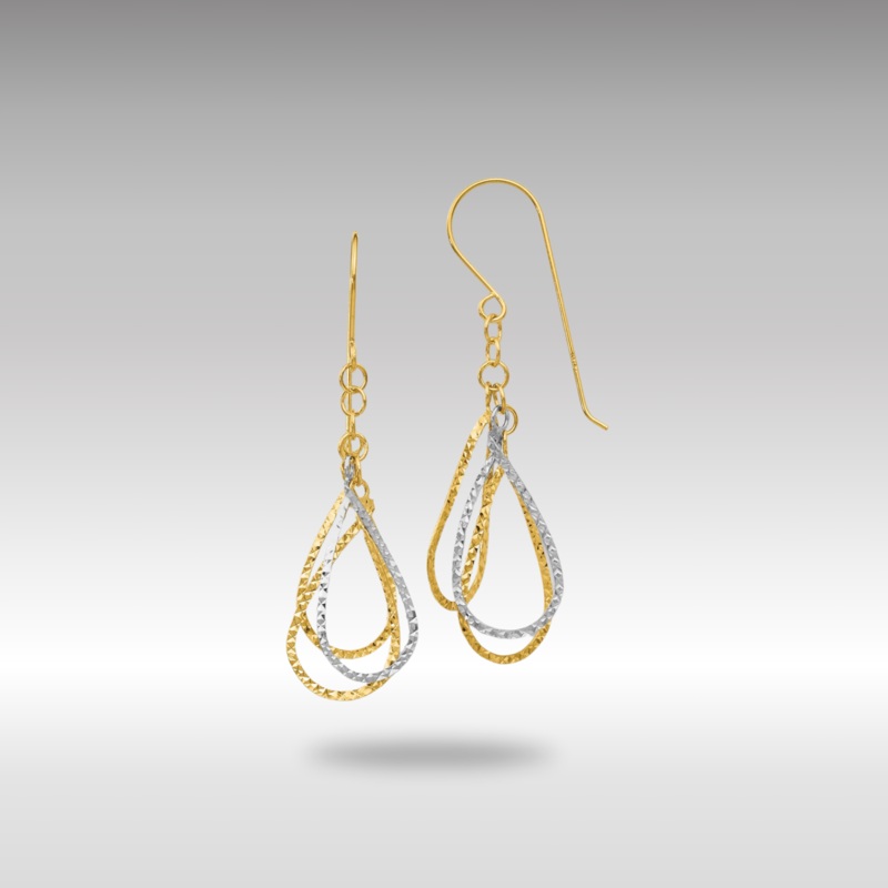 Yellow and White Gold Diamond Cut Tear Drop Shepherd Hook Earrings Model-TL977