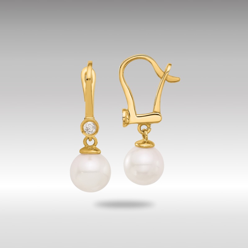 Gold 7-8mm Round White Akoya Pearl and .10ct Diamond Dangle Earrings – Model XF837E